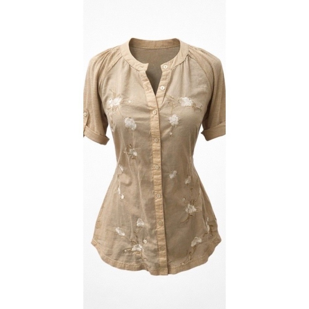 S. Line Tan Floral Embroidered Button Front‎ Boho Blouse Short Sleeve Small
